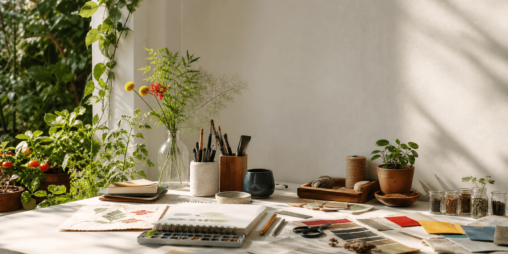 Mesa de ateliê com cadernos, papéis e elementos botânicos